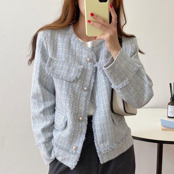 

women's jackets [ewq] korean chic autumn o-neck pearl buckle pink stitching loose single breasted tweed short coat women fashion 2021 1, Black;brown