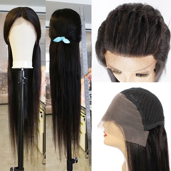 

13x4 lace frontal wig 32 inch 180% density natural color silky straight cuticle aligned brazilian remy human hair pre-plucked front wigs for, Black;brown