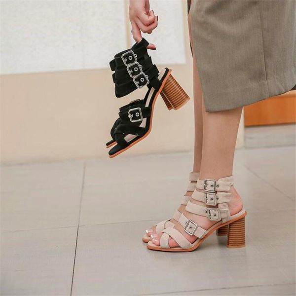 

medium strap combination metal buckle ladies high heels apricot black round toe summer party sandals