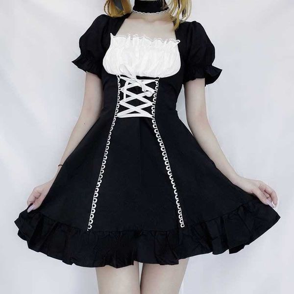 

2021qweek womens maid kawaii lolita outfit french milkmaid costumes cosplay bandage waitress dress puff sleeve uniform, Black;gray