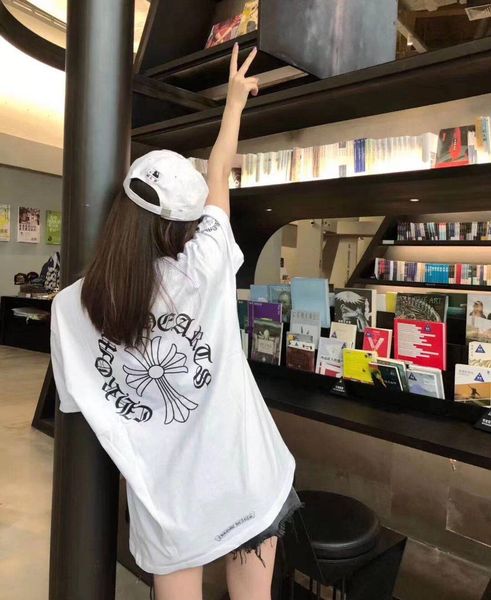 

crosin summer new fashion brand ch crosin thread horseshoe print short sleeve t-shirt loose round neck couple, White