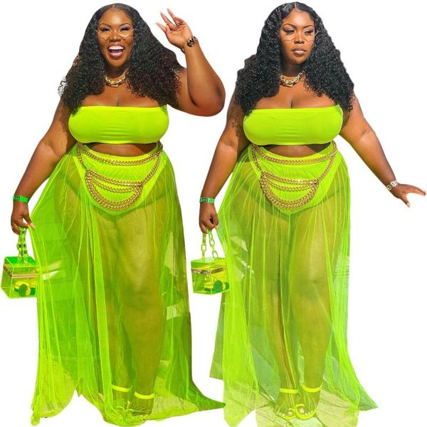 

plus size tracksuits 2 piece set women outfits mesh beach holiday vacation two sets crop + long skirts party clubwear 4xl, Black