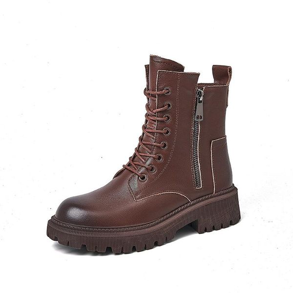 

boots riding british style autumn and winter 2021 retro leather thick-soled thick-heeled knight lace-up single, Black