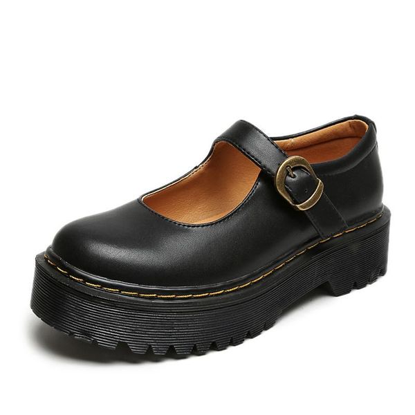 

women's thick-soled small leather shoes mary jane retro british style buckle casual women dress, Black
