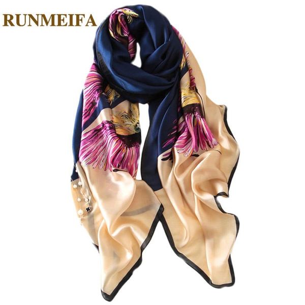 

scarves [runmeifa] 2021 fashion silk women summer beach shawls comfortable capes elegant printing scarf 180*90cm female, Blue;gray