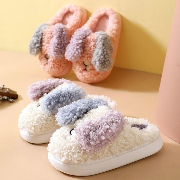 

slippers winter warm women cartoon dog non-slip plush cotton shoes memory foam high heels home bedroom ladies faux fur slides, Black