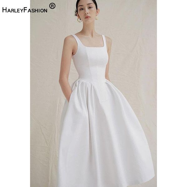 

casual dresses harleyfashion summer elegant women's square collar vestidos ball gown temperament high waist pleated slim party dress, Black;gray