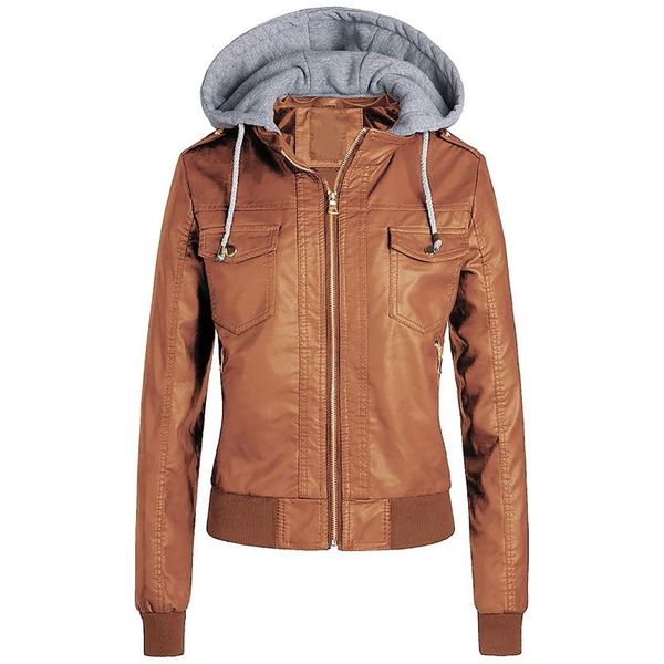 Giacche da donna Giacca in pelle sottile da donna Tappi con cerniera rimovibili Cappotti corti caldi con cappuccio Capispalla Cappotto in pu nero cachi Streetwear