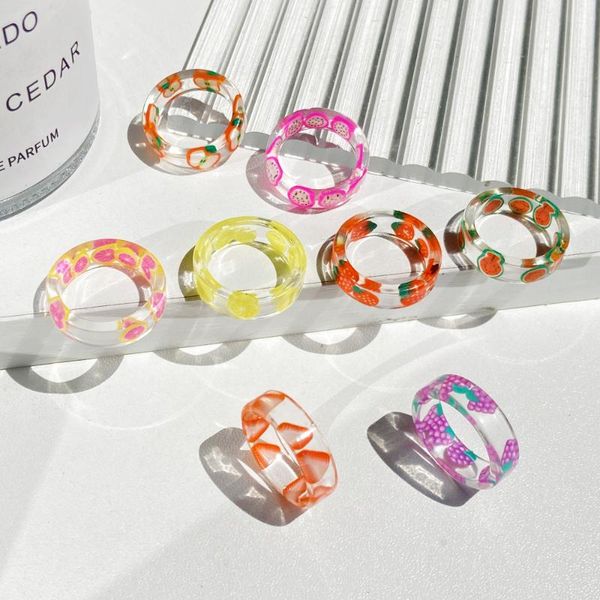 

cluster rings korean fashion fresh fruits transparent resin acrylic ring for women girls design strawberry lemon finger jewelry gifts, Golden;silver