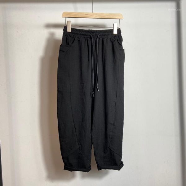 

men's pants 2021 summer dark wind japanese casual capris solid linen light version thin straight harlan trend, Black