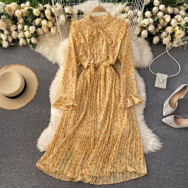 

dresses french bohemian floral women bow o neck flare sleeve ruffles a-line autumn sweet print pleated midi, Black;gray