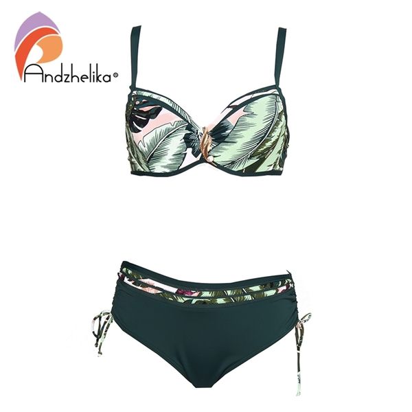 

andzhelika green leafy print bikini set women pearl jewelry push up two pieces plus size swimwear beach bathing suit, White;black