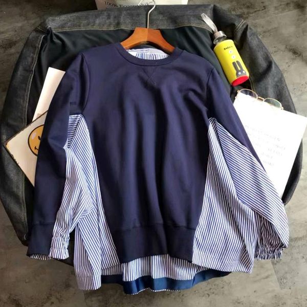 

women's blouses & shirts [ewq] 2021 spring full sleeve stitching striped shirt coat korea style crew neck knitted plus size women blous, White