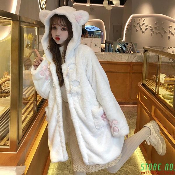 

women's wool & blends winter japanese sweet girly lolita coats women kawaii outwear warm soft plush cartoon anime cute cat ears hooded, Black