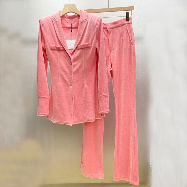 

women's two piece pants 2021 autumn winter woman's set 2 pieces button shirt + long loose 3 colors solid velvet hign-end suits, White