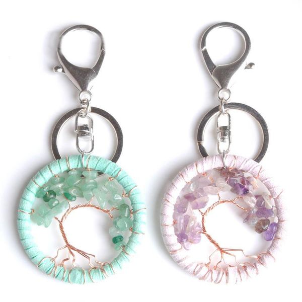 

tree of life key ring natural stone chip bead handmade leather cord wrap keychain opal crystal women bohemia jewelry, Silver