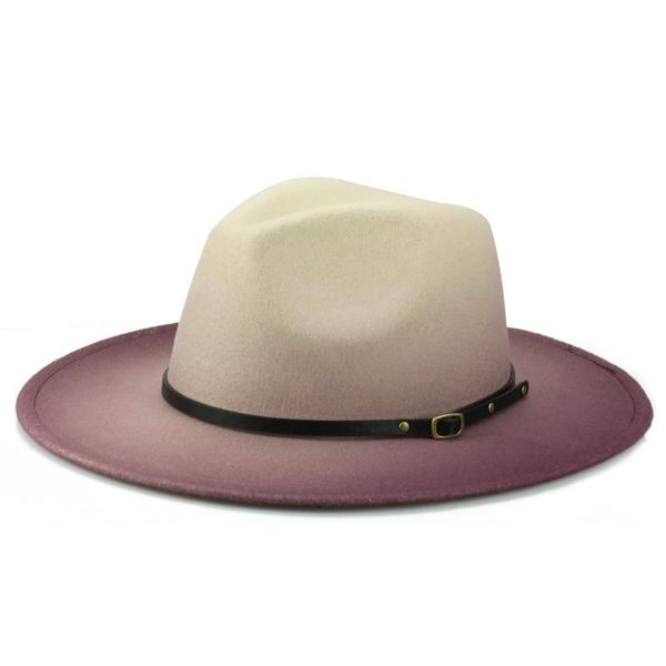

wide brim hats autumn winter fashion gradient jazz woollen hat leather buckle women men panama fedora british style, Blue;gray