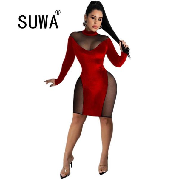 

casual dresses see through mesh patchwork bodycon mini for women clothing long sleeve party and wedding gowns wholesale, Black;gray