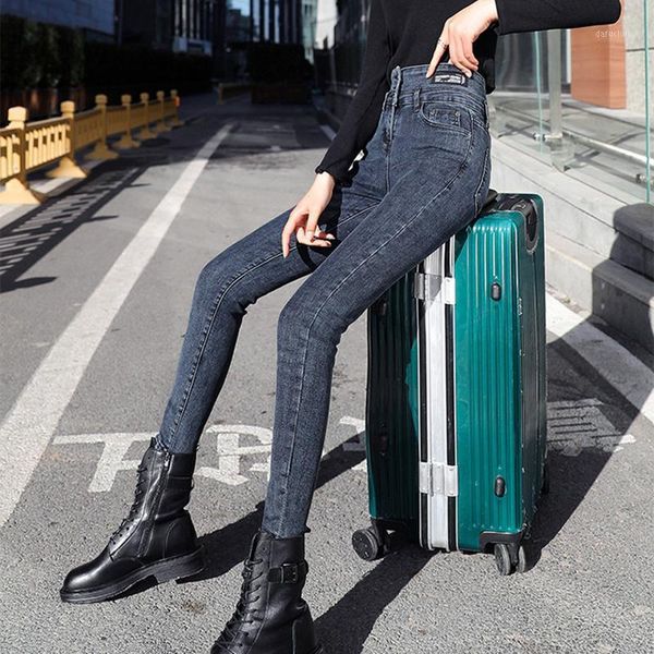 

high-elastic skinny all-match tight-fitting denim jeans nine-point pants high-waisted four season women women's, Blue