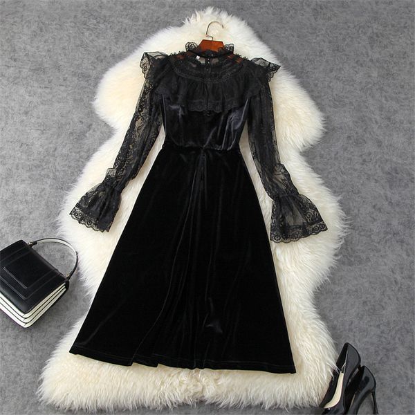 

dress europe's fashionable transparent lace shreds dressed in black velvet winter women's clothes ladies'party dresses, Black;gray