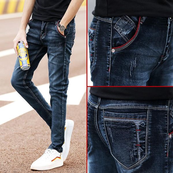 

men's jeans fashion pants stretch skinny casual slim fit denim trousers, Blue