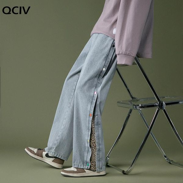 

men's jeans double side button straight men leopard printed fashion streetwear casual loose trousers wide leg harem pants, Blue