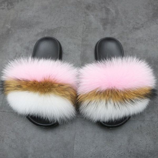 

fur slippers women real presentations house furry flat female sandals cute fluffy home shoes 2021, Black