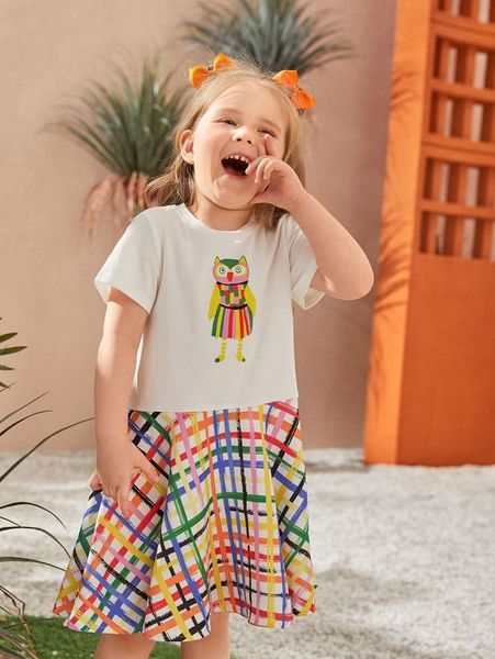 

toddler girls cartoon & plaid print smock dress she, Red;yellow