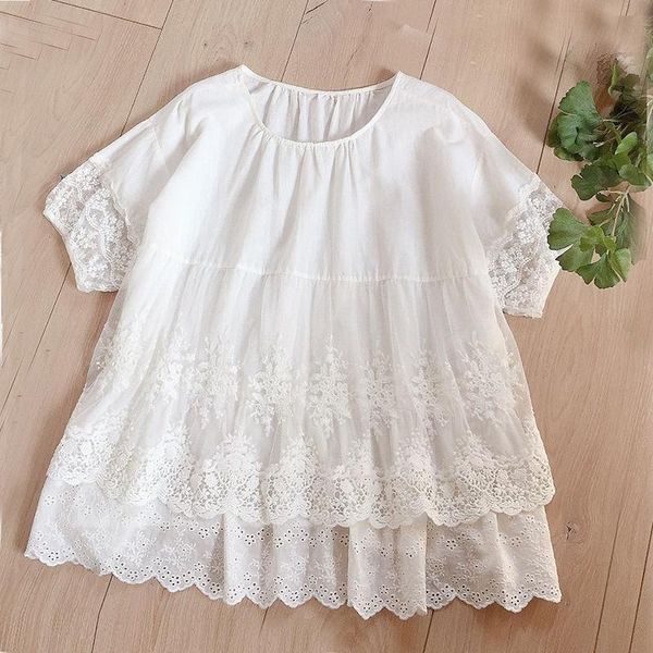 

women's t-shirt lamtrip boutique lolita sweet wide hem lace embroidery o-neck short sleeve doll shirt blouse female 2021 summer, White