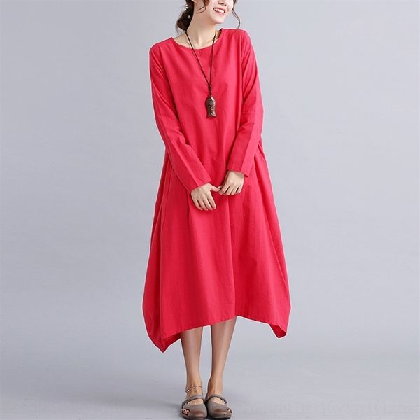 

xrw large plus size es women's literature and art dress long skirtsleeve cotton hemp dress women's loose long skirt if6158