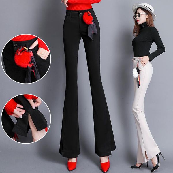 

women's pants & capris solid color flare autumn winter plus velvet thickening hairball trousers slim split wild suit women white, Black;white