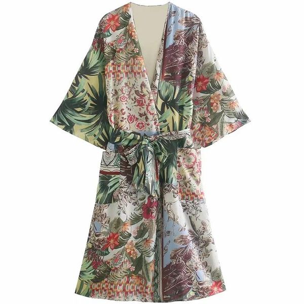 

women's blouses & shirts adherebling tropical print patch pockets open front casual kimono summer midi length women female long, White