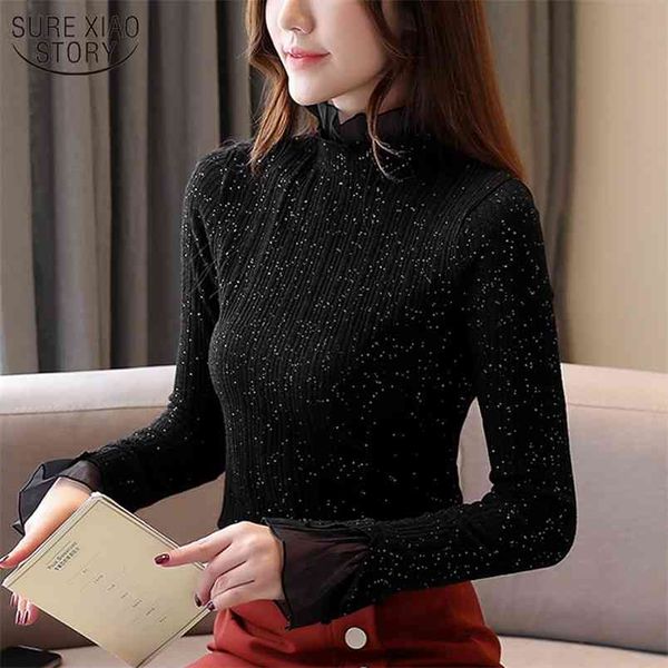 

autumn winter turtleneck sweater korean pullover long sleeve knit women vintage lace slim wild knitwear 11055 210421, White;black