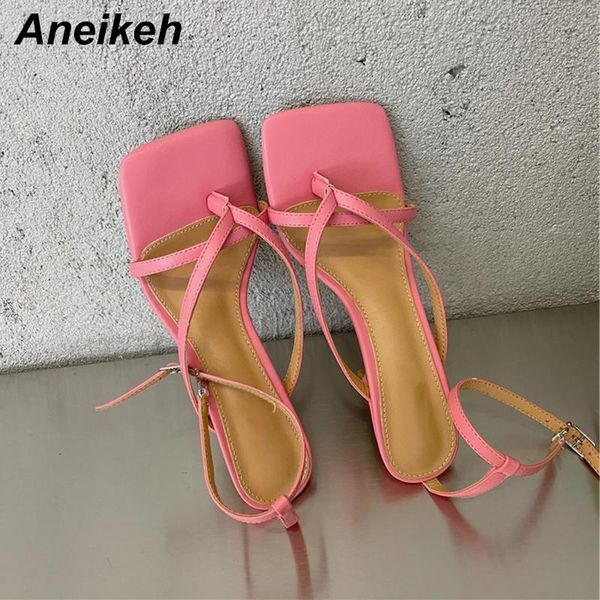 

aneikeh 2021 fashion thin heels women shoes pu thong sandals shallow open party buckle ankle strap solid elegant dress mature, Black
