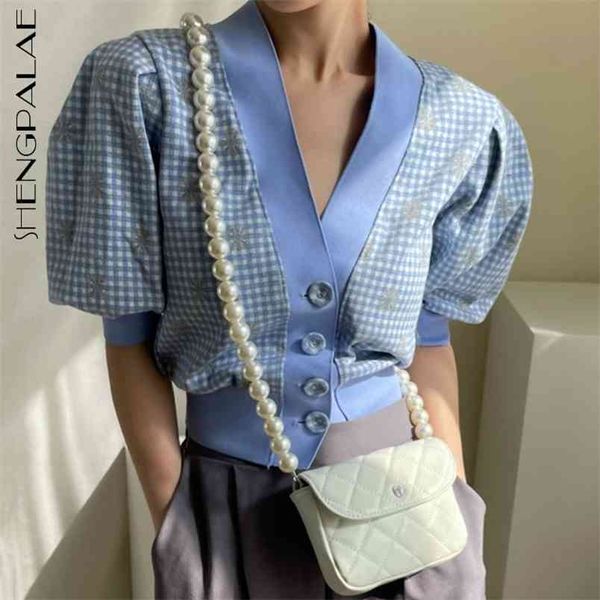 

floarl plaid blouse women's summer v-neck loose single breasted puff short sleeve shirt female tide 16f0879 210427, White