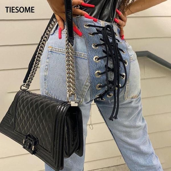 

back lace up with two color belts women jeans 2021 fall bottom trousers for lady slim streetwear female high waist women's, Blue
