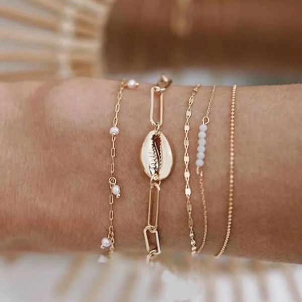 

hand catenary bohemia summer fashion shell pearl grey stone bracelet five piece suit, Black