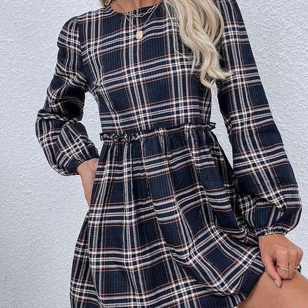

casual dresses women's oversized trendy plaid pattern o-neck long puff sleeves slim waist women a-line mini dress autumn spring kd, Black;gray