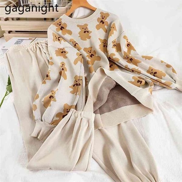 

korean sweet girls two piece outfits casual loose cartoon knit sweater fashion ankle length pants suit women 2pc sets 210601, White