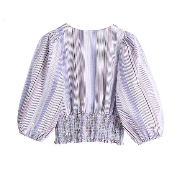 

women's blouses & shirts 2021 european summer loose striped blue suit printed with upper v female casual shirt-tight waist, White