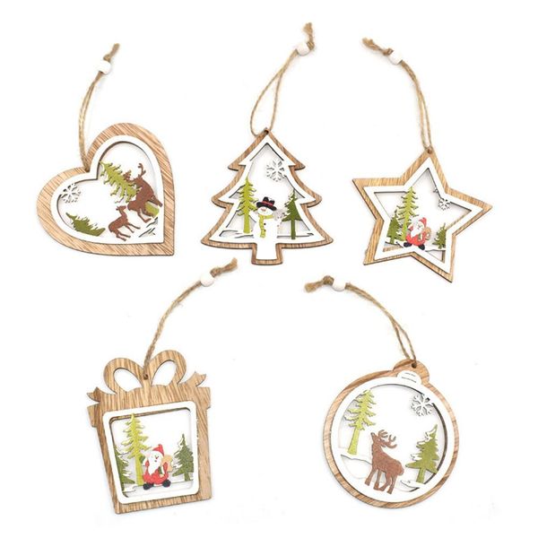 2021 35pcs/set di ornamenti dell'albero di Natale appeso Tree di Natale Openwork Celline in legno a cinque punte Dindance a ciondolo a ciondolo in legno