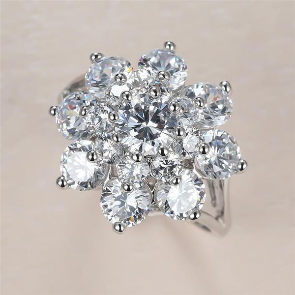 

wedding rings luxury female white round crystal ring charm silver color big for women dainty flower zircon engagement, Slivery;golden