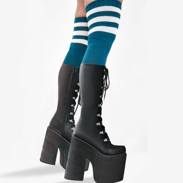 

brand large sizes 43 thick platform 17cm extreme high heels fashion shoelaces shoes woman cool motorcycles boots female, Black