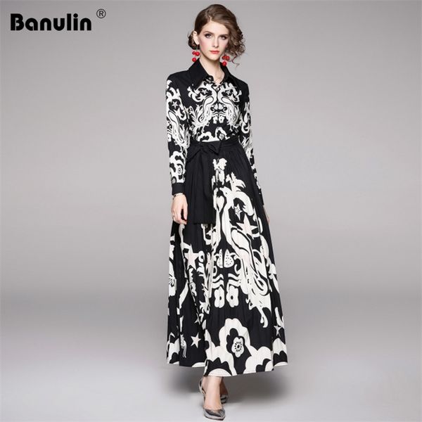 

banulin autumn runway long maxi dress women black flowers sleeve big swing elegant vintage pleated 210603, Black;gray