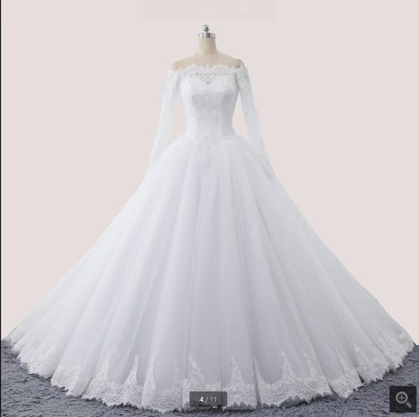 

2021 real picture white lace vintage ball gown wedding dress off the shoulder long sleeve muslim women bridal gowns beaded sequins princess