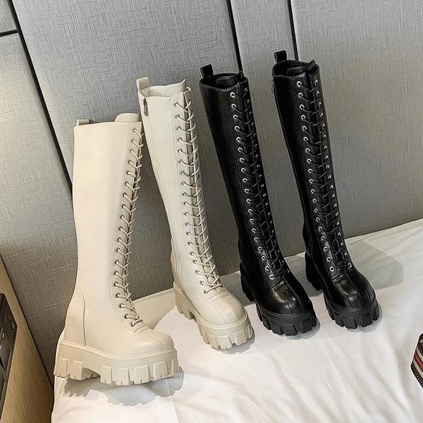 

boots 2021 women chunky platform pu over-the-knee high retro punk increasing woman long top, Black
