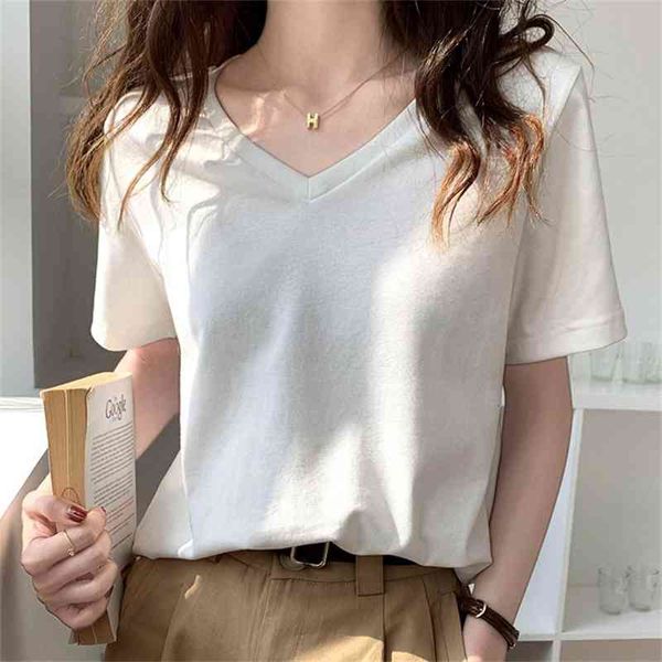 

women's t-shirt prom v-neck loose all match casual femme plus size outwear new basic solid slim short sleeves t-shirts os, White