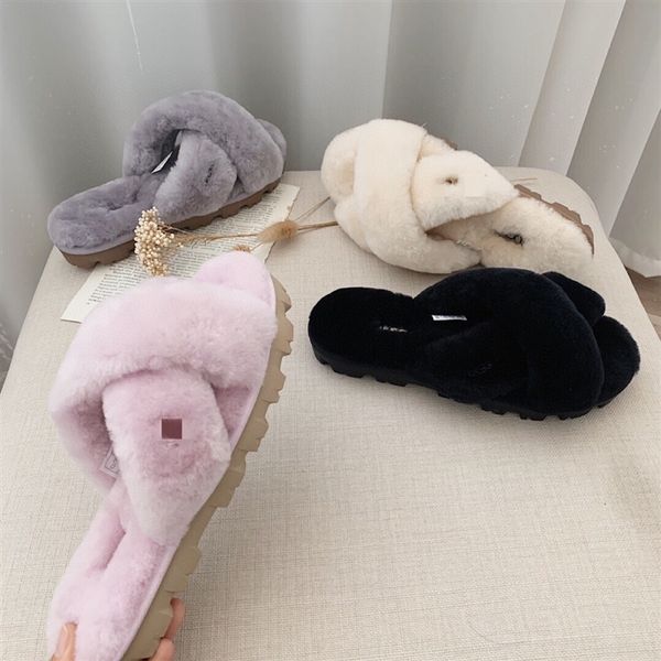 

tek 2020the brand name ofslippersnew with earrings sheep fur integrated cross is fuzzette fazate slippers, Black