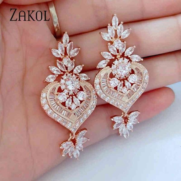 

zakol chandelier rose gold luxury big long marquise flower drop earrings shining cz brincos bridal women wedding jewelry fsep187, Bronze;silver