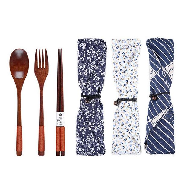 

dinnerware sets 3pcs reusable kitchen tableware set with cloth bag portable wooden cutlery spoon fork chopsticks suit for outdoor travel gif